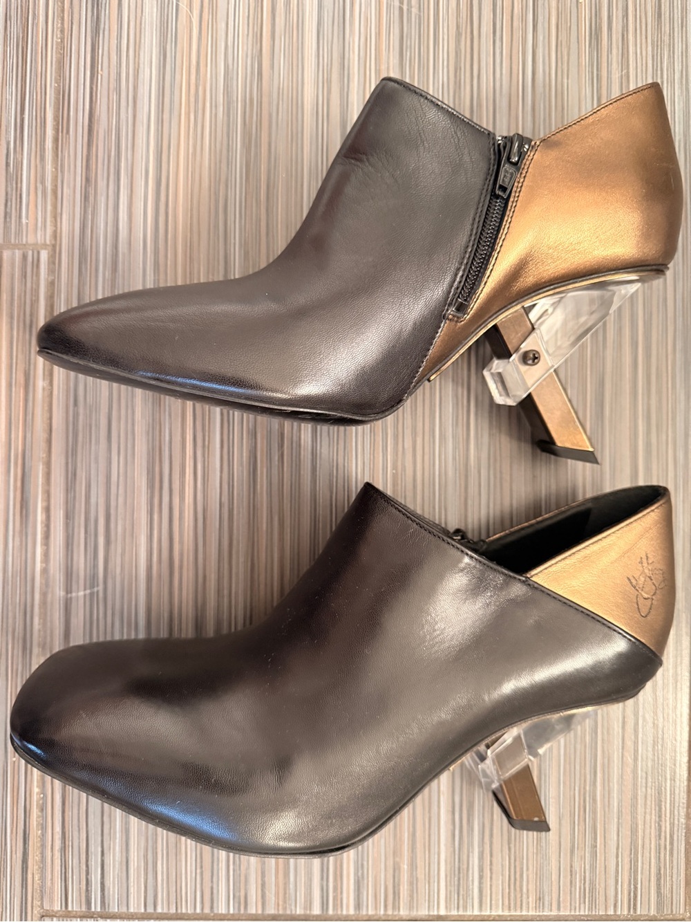 John Fluevog LAUPER Black Leather Ankle Booties with Gold Heel Detail